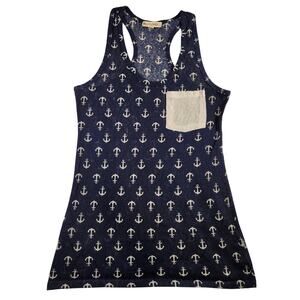 Wallflower Navy Blue Anchor Graphic Tank Top - Sheer Stretch - Juniors Large